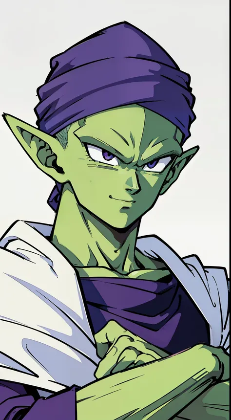 (high-quality, breathtaking),(expressive eyes, perfect face) Symmetrical Eyes, portrait, dragon ball z xenoverse 2,piccolo,1boy, male focus, upper body, solo, standing, pointy ears,purple dougi,purple pants,green skin, blue sash,(white turban), white cape,...
