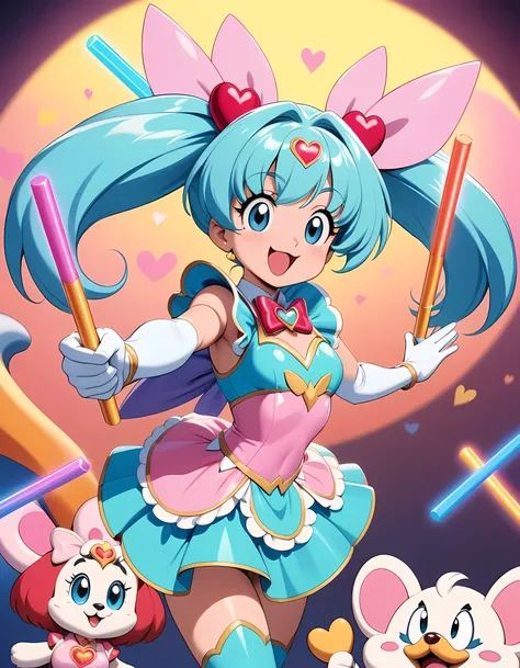 (best quality, masterpiece, highres:1.2), detailed, 90s Cartoons, Magical girls, cute mascots, colorful costumes, magic sticks, hearts and flowers soar in the background,