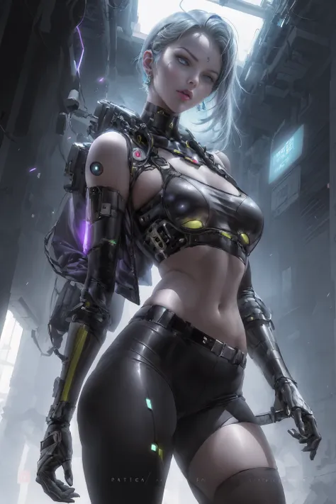 a futuristic female warrior holding a katana, (delicate skin), pale skin, (in a deep neckline highly detailed sexy futuristic cy...