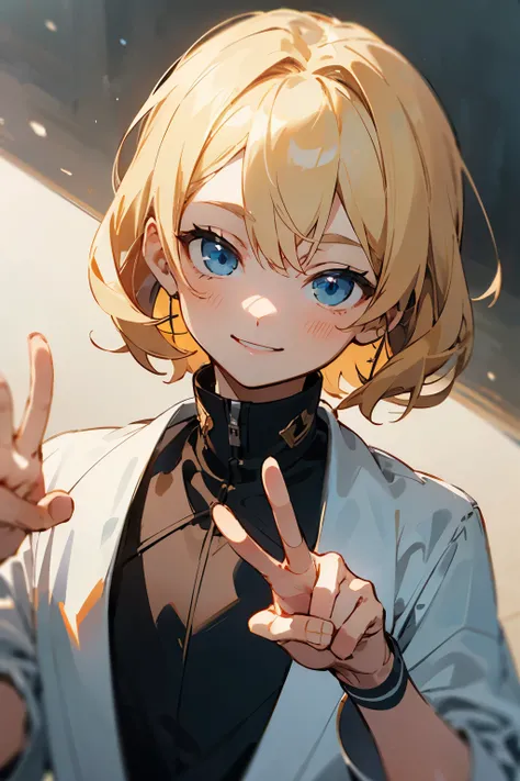 ((best quality)), ((masterpiece)), (detailed), perfect face, Anime, Kid, 12 years old, Has blue eyes, Blond hair, Cute, Smiling, Looking at camera, doing the peace sign, Boy