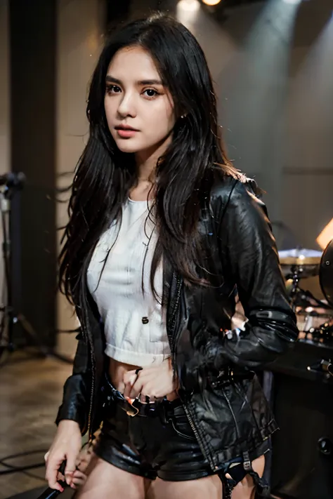 beautiful girl with long, straight and black hair. She is holding a microphone to sing. She dresses in rock style. Behind is a majestic stage, with someone playing guitar, someone playing drums, someone playing music,...