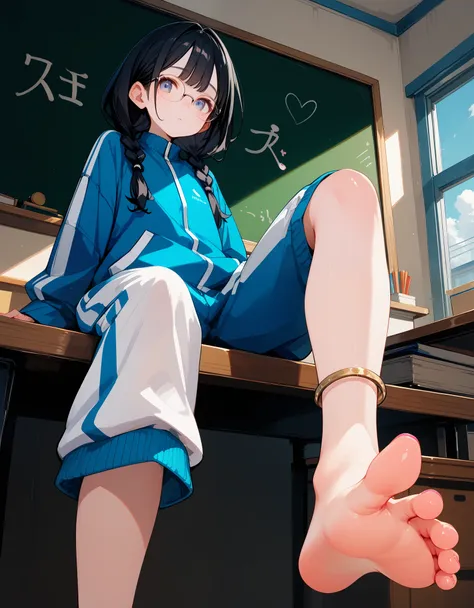 score_9, score_8_up,score_7_up,black hair,baggy blue track suit,baggy blue track pants,glasses,black hair,low twin braids, ,desk,sitting on desk,barefoot,foot focus,from below,anklet,bare legs,chalkboard,shiny skin,pale skin,colored toenails,