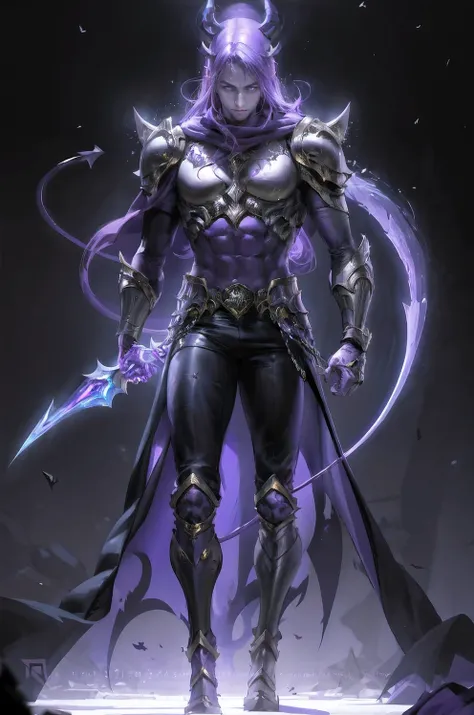 a picture of a man with a purple robe and a purple ball, purple glowing core in armor, league of legends character, nocturne fro...