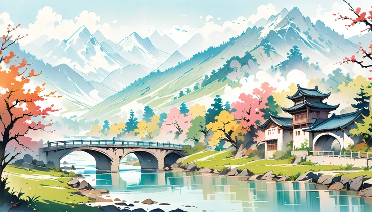 a painting of a river，in the background is a bridge and mountains