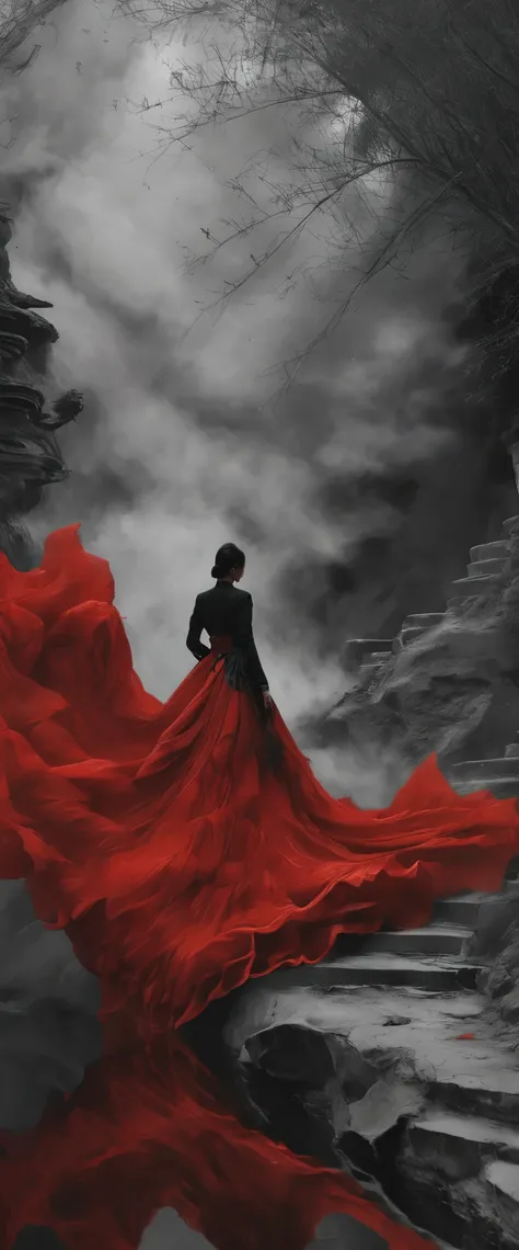 (masterpiece, best quality:1.2), 1girl, solo，front view，walking down a hell，walkwoman in black and red