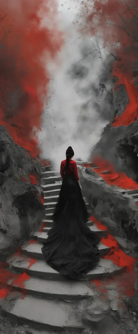 (masterpiece, best quality:1.2), 1girl, solo，front view，walking down a hell，walkwoman in black and red