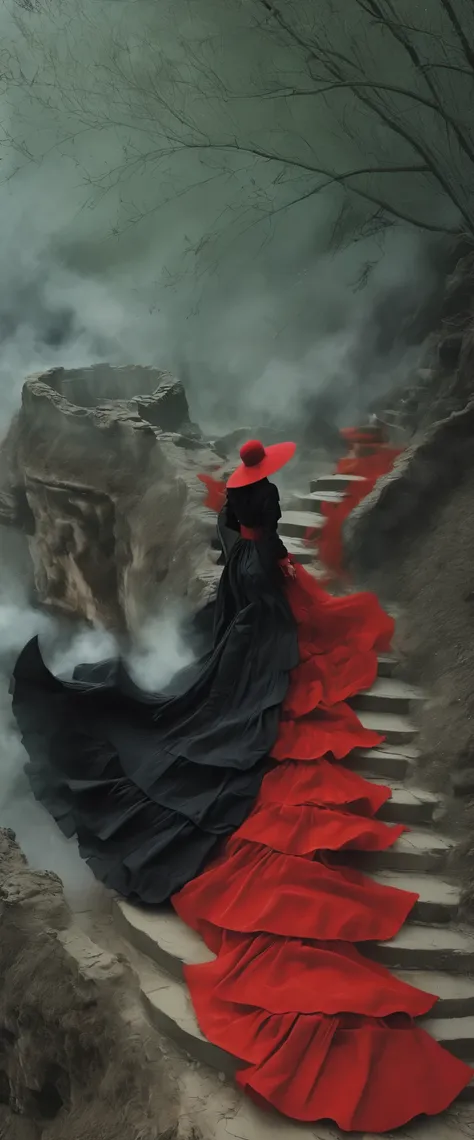 (masterpiece, best quality:1.2), 1girl, solo，front view，walking down a hell，walkwoman in black and red