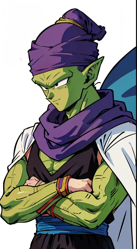 (high-quality, breathtaking),(expressive eyes, perfect face) Symmetrical Eyes, portrait, dragon ball z,piccolo,1boy, male focus, upper body, solo, standing, pointy ears,blue dougi,black pants,green skin,yellow sash, purple cape,smile, closed mouth, looking...