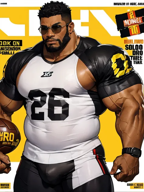 (magazine cover), with text, solo, 1boy, (Huge Muscular black man as a security guard, wearing football jersey) (short hair), pectoral, sunglasses, abnormal muscle size, very big muscle, (tan skin: 1.2), (crotch bulge: 1.2), absurdly muscle size, huge pect...