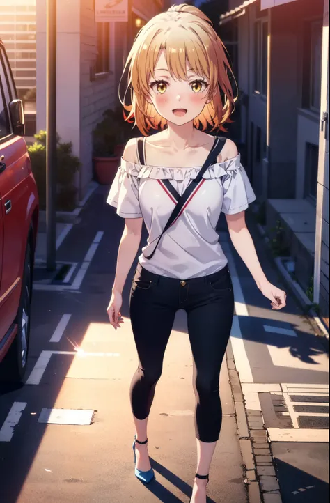 irohaisshiki, iroha isshiki, short hair, Brown Hair, (Brown eyes:1.5),happy smile, smile, Open your mouth,ponytail,short braided hair band,Cord off-shoulder top,Short sleeve,skinny pants,Stiletto heels,Sunset,evening,The sun is setting,Walking,whole bodyがイ...