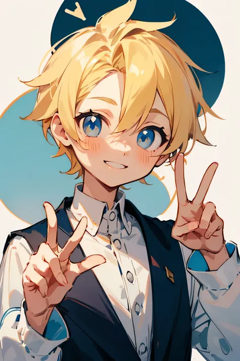 ((best quality)), ((masterpiece)), (detailed), perfect face, Anime, Kid, 12 years old boy, Has blue eyes, Blond hair, Cute, Smiling, Looking at camera, doing the peace sign, Adorable, Slight blush