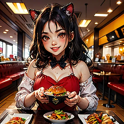 obra maestra, mejor calidad, fondo de pantalla 8k, hdr, renderizado de octanaje. (junkotvv pelo negro, orejas de gato, ojos rojos) (Hija de Chibi Chara:1.2), bob negro, Big Burger Doble Queso Y Tocino🍔, Set the menu, Inside a fast food restaurant, comer. C...