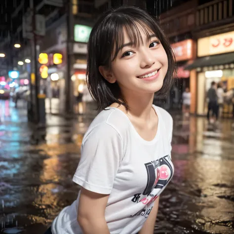 (Best-quality, Masterpiece, Ultra-High-Resolution, (Photorealistic:1.4), Raw Photo, depth of field, professional lighting, perfect anatomy, extremely details), 1girl, 15-years-old, the most famous Japanese idol, wearing white T-shirt and light-pink pleated...