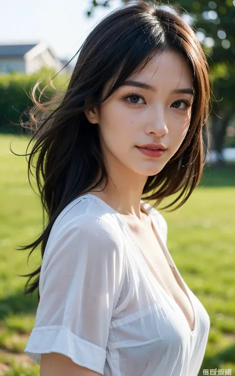 upper body、look away、a Japanese pretty girl, Gentle face、hyper cute face、shiny lips、Double eyelids in both eyes、Natural makeup, smile, long eyelashes light, Medium Hair, Smooth Light Brown Hair、Hair swaying in the wind, bangs、image in center、8K、high detail...