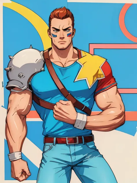 one boy, (brianbattler), face paint, blue jersey, chest belt, denim pants, (pauldrons:1.1), short hair, brown hair, shirt, male ...