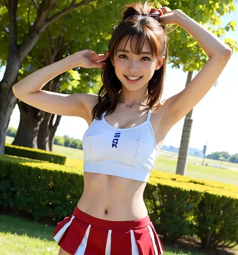 highest quality、8k、No makeup、masterpiece、Ultra-high resolution、Clear photos、Realistic、Professional Lighting、Very cute girl、The cutest Erina Mano:1.8、Cheerleader:1.8、smile、Large erect nipples:1.2、Ultra slim、Tight waist、Slender body、Thin legs、Brown Hair、smil...