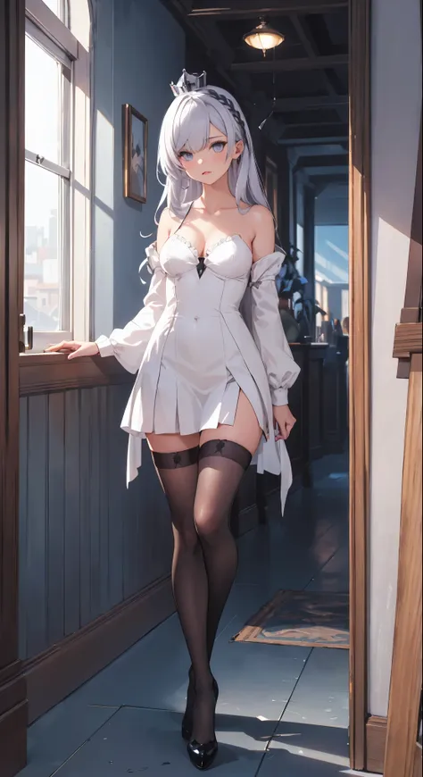 1girl, highly detailed, detailed eyes, sunny room, masterpiece, looking at viewer, illustration, game cg, collarbone, standing, glossy lips, thigh highs, high heels, silver hair, long hair, argus(azur lane), silver_hair, medium breasts, gray_eyes, hair_cli...