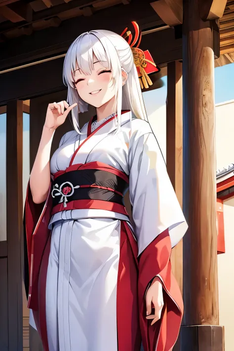 White-haired woman、kimono、Shrine maiden、cool、Smiling with eyes closed、Long Hair