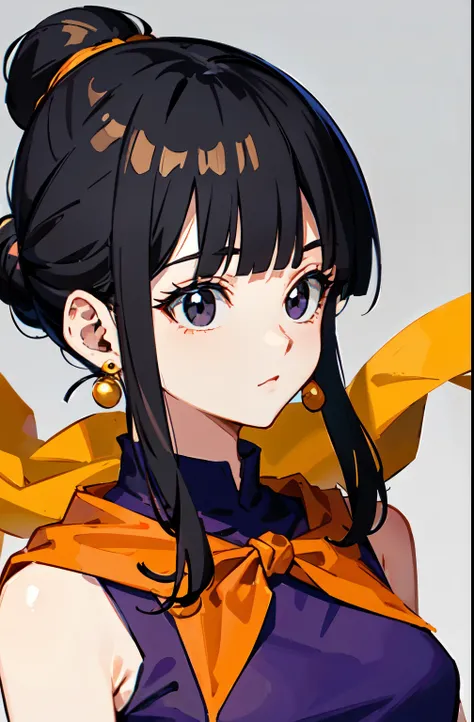 dragon ball, bbchichi, single hair bun, hair bun, blunt bangs, sidelocks, black eyes, earrings, orange neckerchief, orange scarf, purple dress, sleeveless, bracelet, ultra detailed, masterpiece, best quality, aesthetic, detailed,