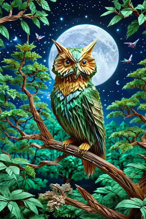 Colourful origami owl resting on tree branch, full moon, night sky, super realistic, masterpiece, very detailed,