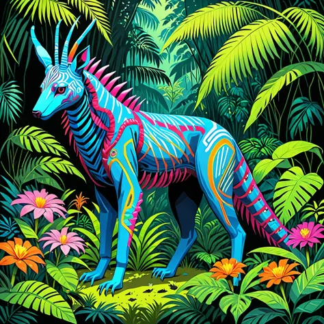 The future of genetic engineering will incorporate organisms into its artworks, Covered by Fauna, flora. Alebrije, masterpiece, Ultra HD, Axonometric drawing, jungle. Cyberpunk