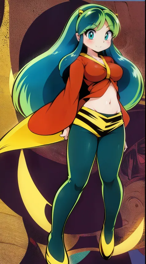 lum, , superhero costume, urusei yatsura, cloak, pants, pullover, kimono,martial pov,, pantyhose, sharpteeth, standing,smile, matial art