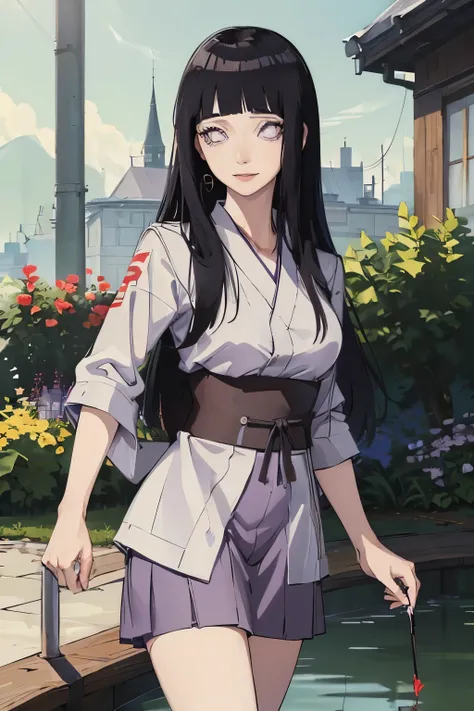 (((masterpiece))), HinataHyuga, 1girl, solo, long hair, looking at viewer, smile, large breasts, black hair, purple eyes, blunt bangs, white eyes, no pupils, 1girl, clothes tug, skirt tug, dress tug, bathhouse, partially submerged, white kimono,, masterpie...