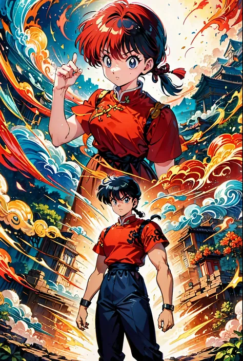 ((two people in chinese style: a man is standing behind the woman)),woman,male,(ranma, ranmaw),(1 pigtail),ranma 1/2,battle pose...