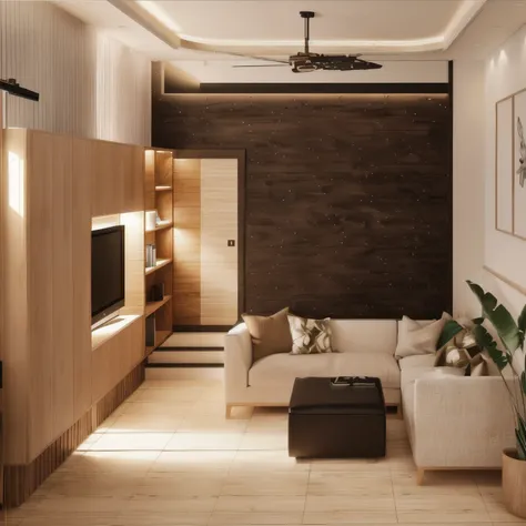 drawing of living room with couch, coffee table and TV shelf, wooden slats, wall paintings, living room interior, living room interior, living room interior, 3d rendering, 3d rendering, living room interior design , highly detailed interior, room interior,...