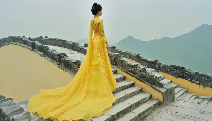 (masterpiece, best quality:1.2), 1girl, solo，walkwoman in yellow，side view，guofeng