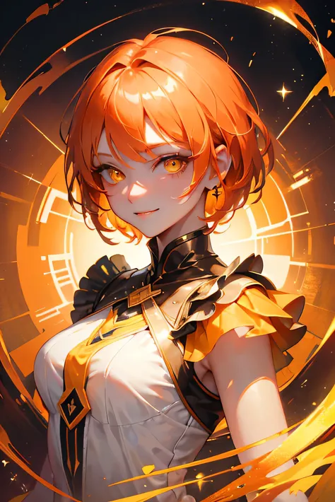 masterpiece, (highest quality), up to date、Orange Hair, (Glowing yellow eyes)、short hair, Back view、Adult woman in white dress、kaleidoscope background、Upper body close-up、(Evil Smile)