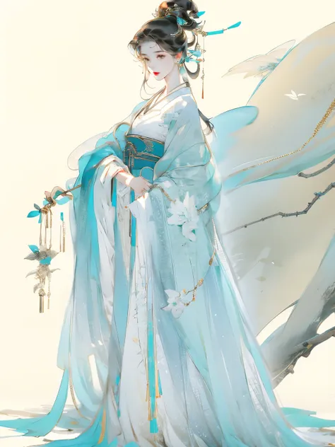 best quality，outstanding，一个antiquity美女站着看向镜头，full-body shot，Wearing a turquoise skirt，Hanfu，antiquity，Chinese Clothing，Beautiful and delicate face