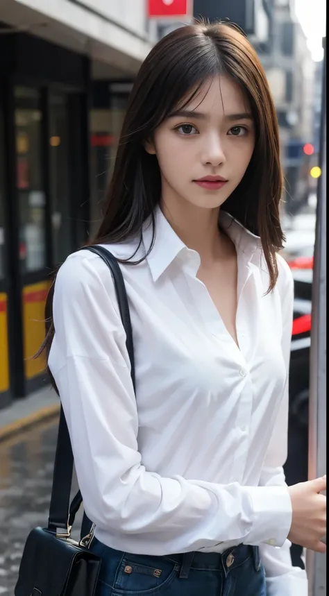 ((Best Quality, 8K, masutepiece: 1.3)), sharp: 1.2, Perfect Body Beauty: 1.4, Slim abs: 1.2, ((Long Hair 1.2)), ((Wet white button long shirt: 1.1)), crop navel, (Rain, Street: 1.2), Wet: 1.5, Highly detailed facial and skin texture, Fine eyes, Double eyel...