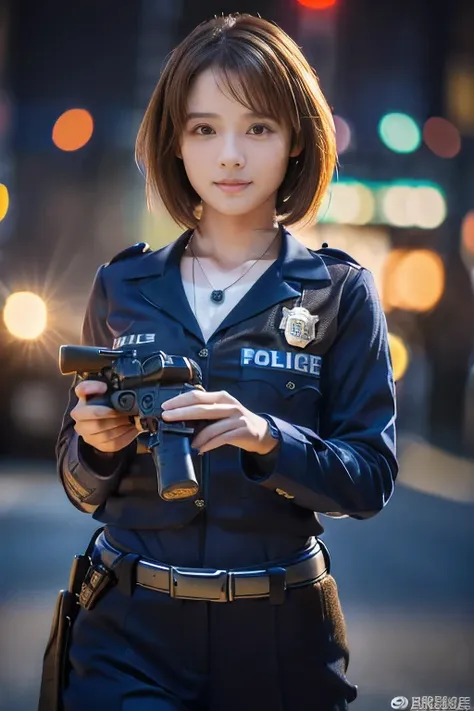 (An 18-year-old female police officer holding a pistol:1.5)、(Stern face:1.2)、(The best quality at its best:1.4), (Super detailed), (Very detailed CG unified 16k), Beautiful woman with perfect figure: 1.4, Sharp focus: 1.2, Very detailed, High-quality RAW c...