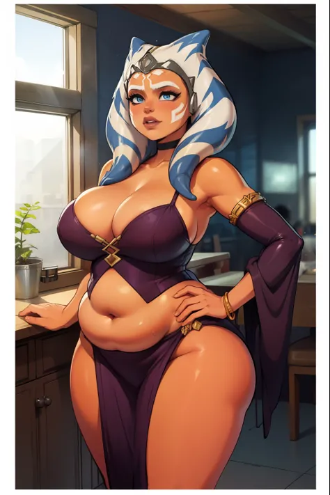 Ahsoka Tano, 1woman, Orange skin, Arabian dancer outfit, chubby, curvy, long lekku, embarrassed, overweight, fat belly, embarrassed about her weight. fat, thick thighs. obese, wide hips, wide, rotund,  lekku. inside a palace. large cleavage, thick thighs, ...