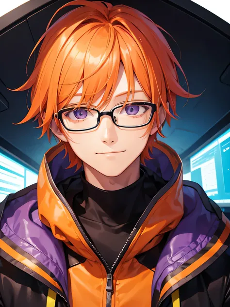 a close up person in jacket, orange-haired and purple-eyed male character wearing glasses and an expert in technology with a slightly smiling expression on the background in front of the computer, turned his head straight