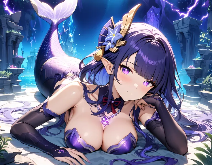 (masterpiece), best quality, expressive eyes, perfect face,1girl,raiden shogun,genshin impact,(glowing purple pupils),big breasts,cleavage,mermaid,(beautiful mermaid tail:1.3),beautiful tail fin,tail ornament,(strapless shell bikini),bare collar,(jewel nec...