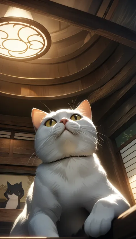 32k, best quality, ultra high res, HDR, UHD, extremely detailed CG, unity 32k wallpaper, Three-haired cat, Indoor Japanese style room background, Looking up, 餌をねだるThree-haired cat, Close-up, 