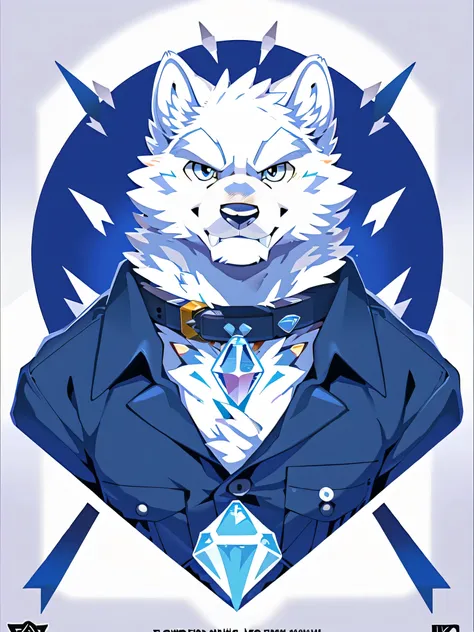 Snow Wolf, ((All white fur:1.5)), Perfect sky blue eyes, collar, (artist:Takemoto Arashi), Mature face, (Reach out:1.5), Charming smile, Unbutton your shirt, Logo, stamp, Geometric patterns, Vector Art, Constructivism, American propaganda poster, best qual...