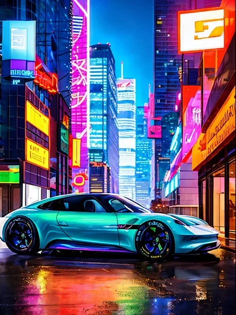 porsche concept car in a cyberpunk city, neon lights, futuristic skyscrapers, light trials