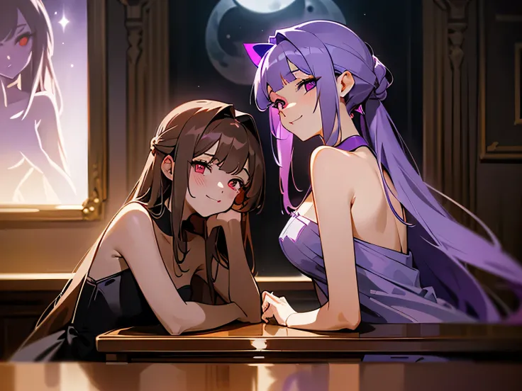 masterpiece, detailed, 2 women at a bar , ( 2 women:1.3 ), ( left sides girl has lavender color long hair and hair intakes:1.2 ) , ( right side girl has brown color chignon hairstyle:1.2 ) , blunt bangs , slender line dress , deep-red eye girl , purple dro...