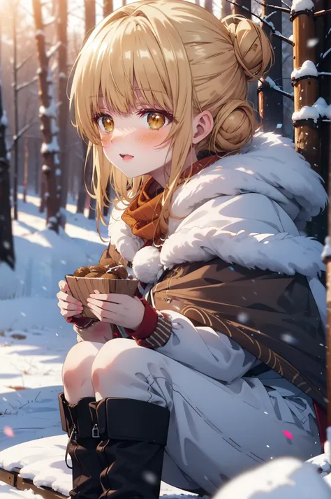 This is Mahirshina, Mahiru shiina, blonde, (Brown eyes:1.7), Long Hair, happy smile, smile, Open your mouth,Hair Bun, single Hair Bun,blush,White Breath,
Open your mouth,snow,Ground bonfire, Outdoor, boots, snowing, From the side, wood, suitcase, Cape, Blu...