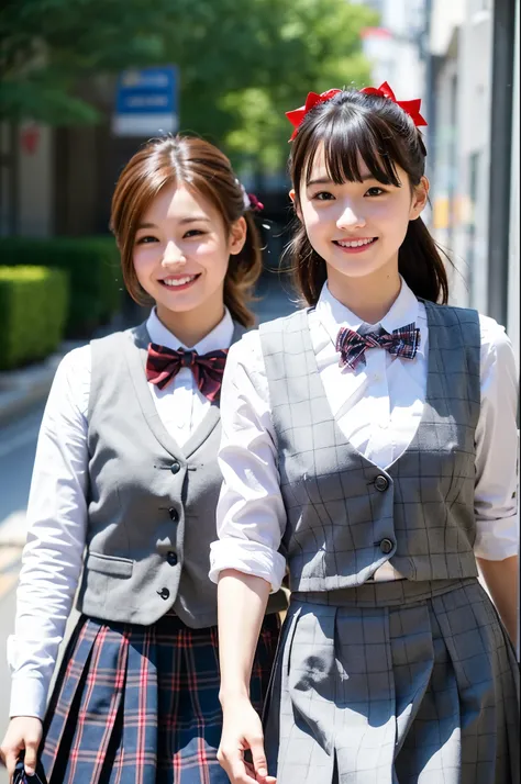 2 girls walking in city,gray plaid vest over white shirt with red bow tie,gray plaid pleated skirt,18-year-old,bangs,a little smile,thighs,knees,short hair and low ponytail with barrette,from beside,front light