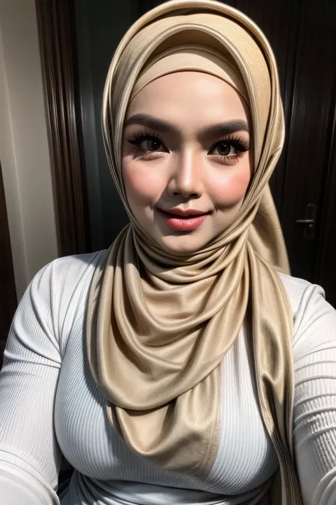 (Close Up),RAW, Best quality, high resolution, masterpiece: 1.3), beautiful Malay woman in hijab,Masterpiece, perfect fit body,big breast, big gorgeous eyes, Soft smile,beautiful face,thick thighs, woman in hijab sitting at a table with a cup of coffee, cu...