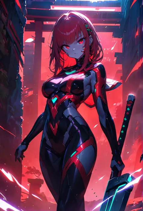 (Tabletop、highest quality), (Perfect female body:1.2), Ultra Details、Anime Style、alone、Shrine maiden in cyber dress、With a huge sword、Cyberpunk Ninja Girl、((Crimson Red))Background Standing in the wilderness