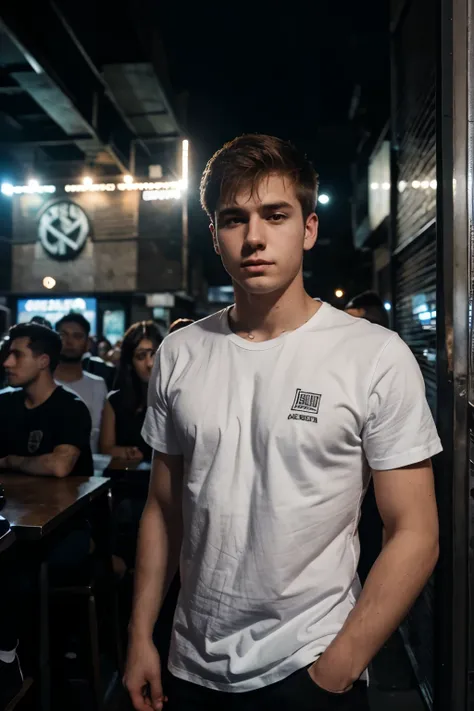 a 20 years old white man in front of an argentinian night club, he is wearing a white shirt, nightime
