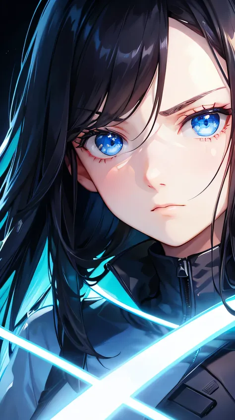 a close up person in jacket, a female character with long black hair with blue eyes with a serious expression on a black background under the beam of light, turned her head straight
