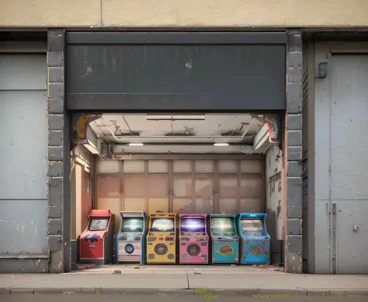 there are many arcade machines in front of a garage door, 80s outdoor retro arcade, arcade machines, arcade, 1980s arcade, arcade game, arcade machine, Dirty street background, video game assets, arcade cabinet, kantai collection arcade, a busy arcade, Hig...