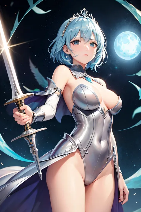 （（（highest quality、first-class、masterpiece、Normal body、8k、Detailed face、Ultra-precision、Normal hand、Normal finger、５Finger、）））Brightly colored hair、Silver-turquoise hair、Short Hair、Shortcuts、Sleeping habit head、Unshaven Head、Small breasts、Beautiful body、Bra...