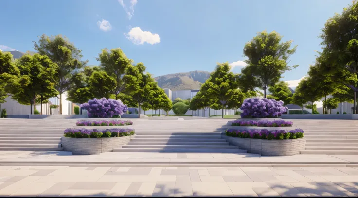 Generate an architectural rendering of the central square, J, landscape, with trees and flowers, gray steps. The background, green roofs, sky, concrete stairs, purple hydrangeas